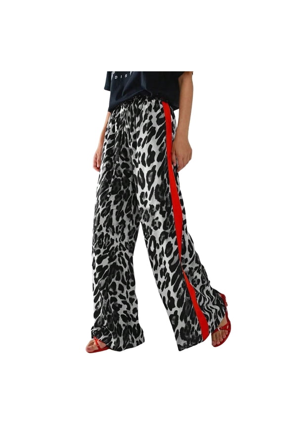 Women's Leopard Print Pants Wide Leg Side Striped High Waisted Drawstring Casual Palazzo Trousers with Pockets Gray L