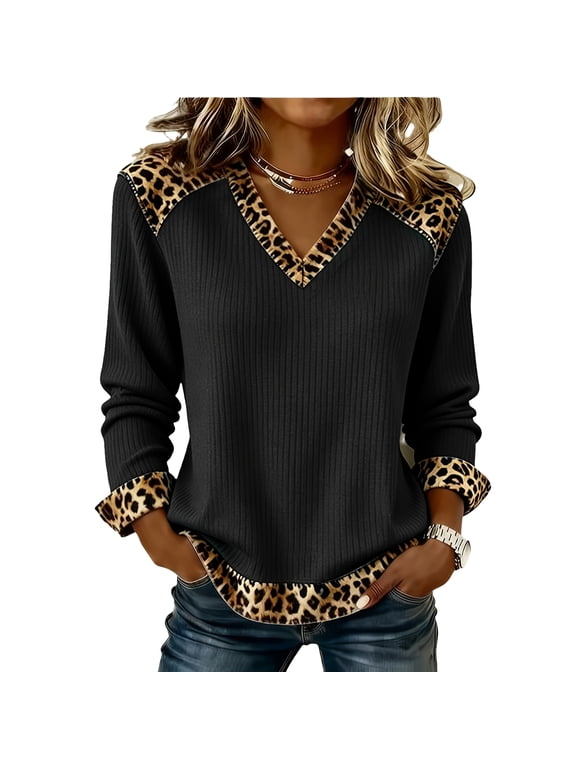 Women's Leopard Print Patchwork Knit V-Neck Sweaters Pullovers Winter Fall Casual Street Clothes