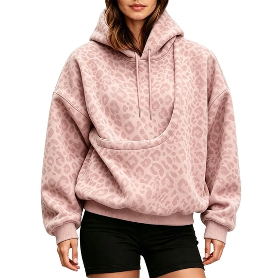 Women's Leopard Print Pet Carrier Hoodie with Puppy Pouch Long Sleeve Sweatshirt Hands-Free Kangaroo Pocket for Small Pet Lover
