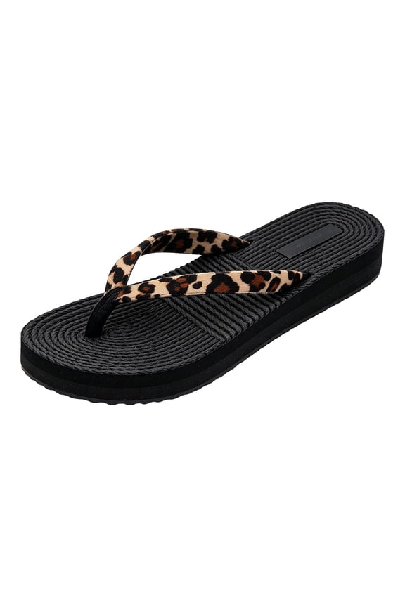 Women's Leopard Print Platform Flip Flops Lightweight Non Slip Shower Sandals Comfortable Clip Toe Beach Slide Shoes Brown Size 7