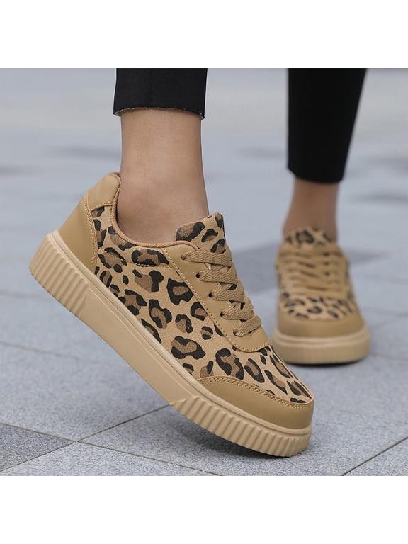 Women's Leopard Print Platform Sneakers,Lace Up Color Block Design Non Slip Thick Sole Fashion Casual Walking Shoes for Daily Errands Weekend Outings