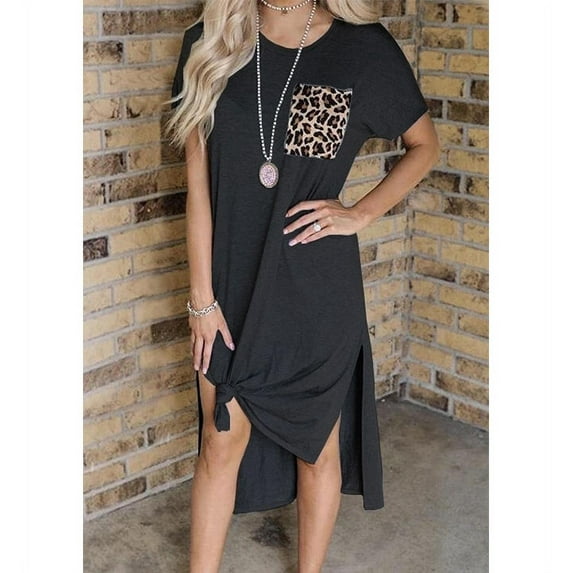 Women's Leopard Print Pocket Panel Split Loose Casual Short-Sleeve Dress