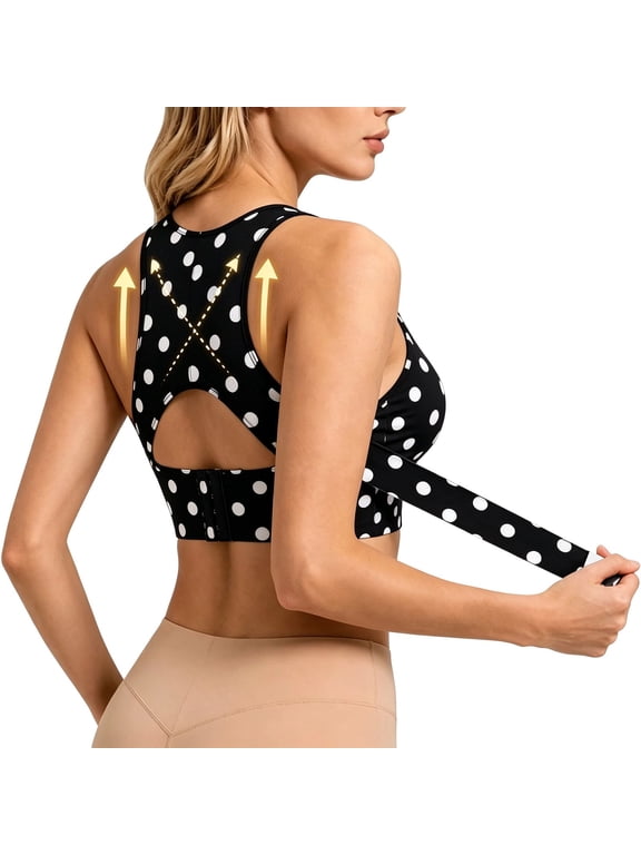 Women's Leopard Print Posture Support Bra Front Closure Cross Back Wireless Full Coverage Seamless Bralette Push Up Comfort Lift