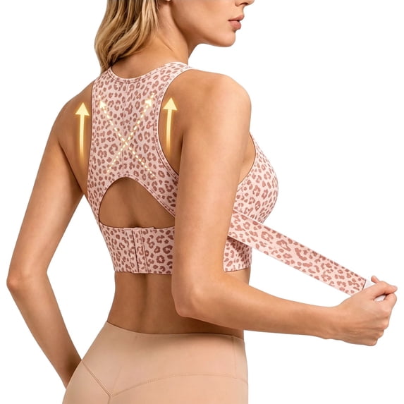 Women's Leopard Print Posture Support Bra Front Closure Cross Back Wireless Full Coverage Seamless Bralette Push Up Comfort Lift