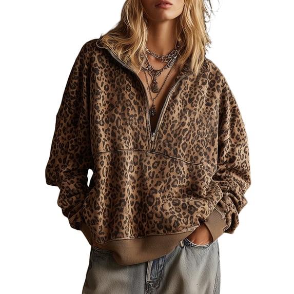 Women's Leopard Print Quarter Zip Collared Sweatshirt Oversized Long Sleeve Casual Fall Pullover