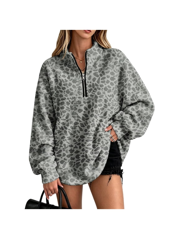 Women's Leopard Print Quarter Zip Mock Neck Fleece Pullover, Oversized Long Sleeve Fuzzy Sweatshirt, Casual Loose Fit Fall Winter Tops Gray S