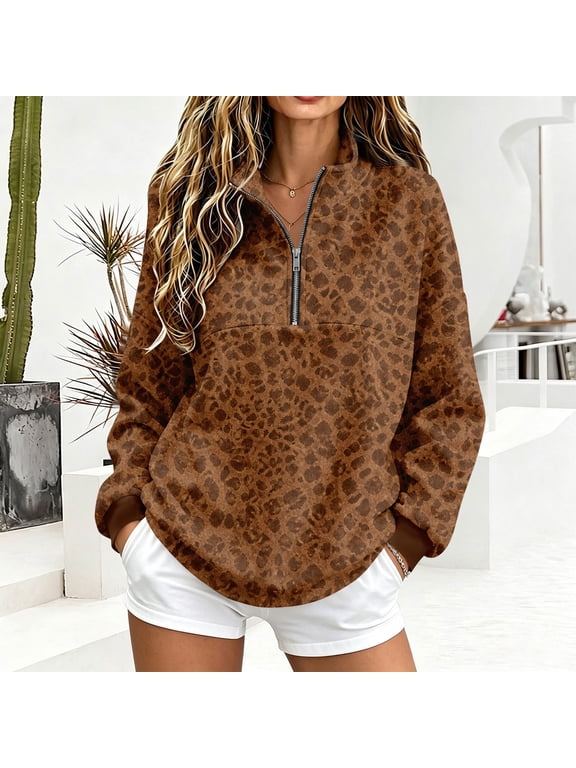 Women's Leopard Print Quarter Zip Pullover Sweatshirt, Long Sleeve Stand Collar Casual Loose Fit Top Brown XXL