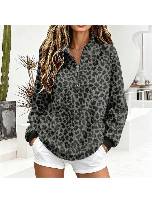 Women's Leopard Print Quarter Zip Pullover Sweatshirt, Long Sleeve Stand Collar Casual Loose Fit Top Gray M