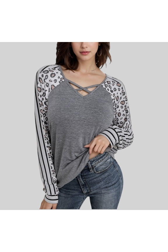 Women's Leopard Print Raglan Sleeve Top with Striped Cntrast and Crisscross Neckline - Small, Gray