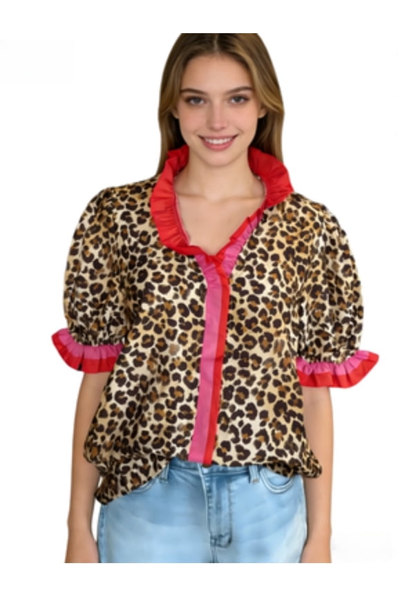 Leopard Print Ruffle Short Puff Sleeve Button Down Blouse, Women's
