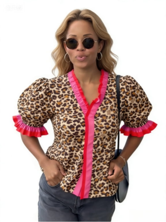 Leopard Print Ruffle, Short Puff Sleeve, Button Down Blouse, Women's