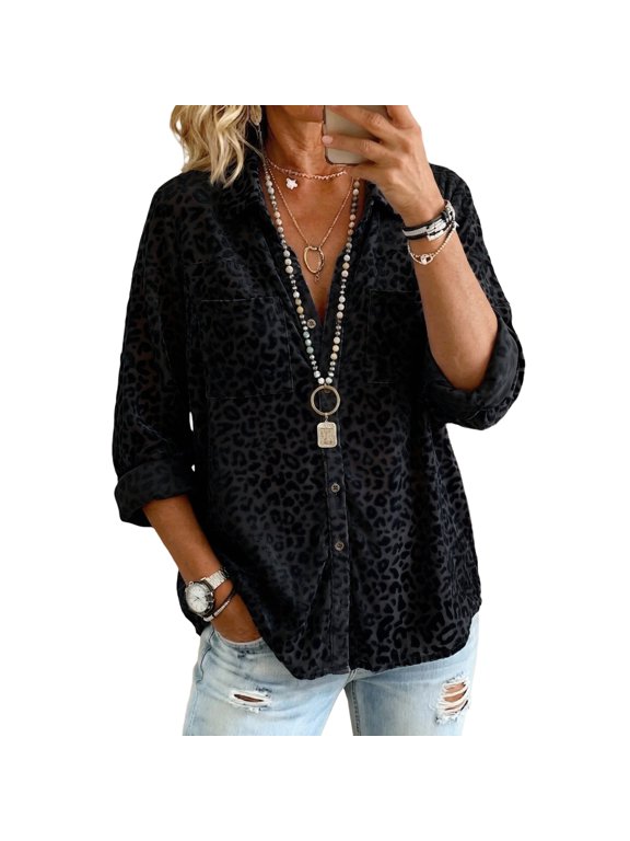 Women's Leopard Print Shirt Roll Up Sleeve Button Down Loose Fit Casual Fall Winter Tops, S