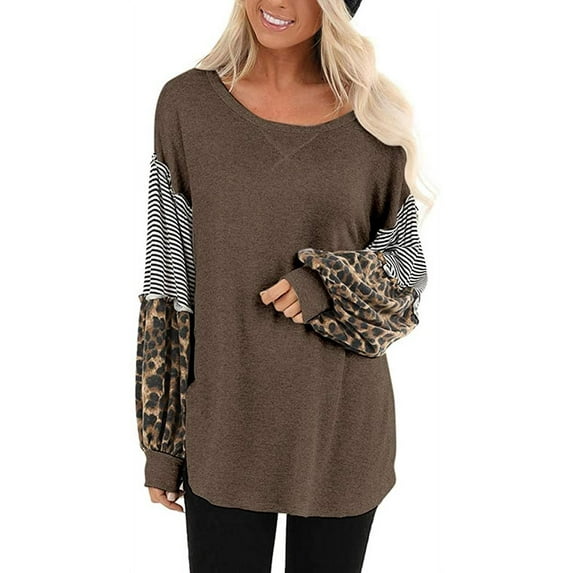 Women's Leopard Print Shirts Tunics Round Neck Comfy Tops Long Sleeve Blouse