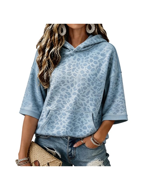Women's Leopard Print Short Sleeve Hoodie, Loose Pullover Casual Hooded Sweatshirt with Kangaroo Pocket