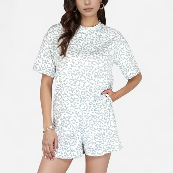 Women's Leopard Print Short Sleeve Pajama Set with Crew Neck Top and Relaxed Fit Lounge Shorts - Small, Gray
