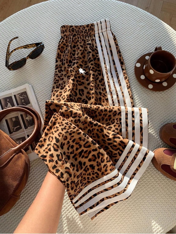 Women's Leopard Print Side Stripe Pants, Elastic Waist Wide Leg Trousers for Everyday, Casual, Vacation & Lounge Wear