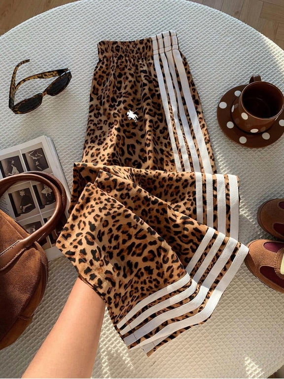 Women's Leopard Print Side Stripe Pants, Elastic Waist Wide Leg Trousers for Everyday, Casual, Vacation & Lounge Wear