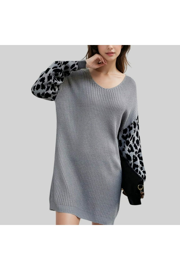 Women's Leopard Print Sleeve Knit Tunic Sweater - Large, Gray