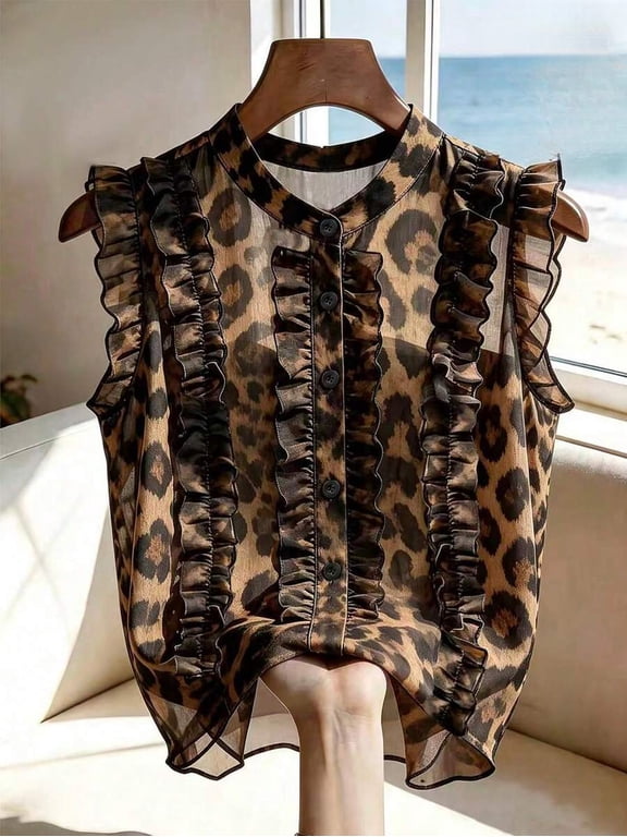 Women's Leopard Print Sleeveless Blouse with Ruffle Trim and Button Front for Elegant Style
