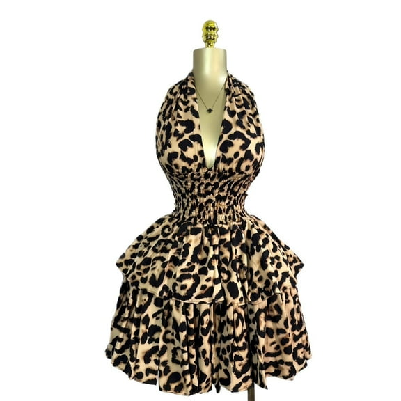 Women’s Leopard Print Sleeveless Halter Dress,V-Neck Smocked Waist Tiered Puffy Ruffle Skirt,Party Cocktail Mini Short Dress,S