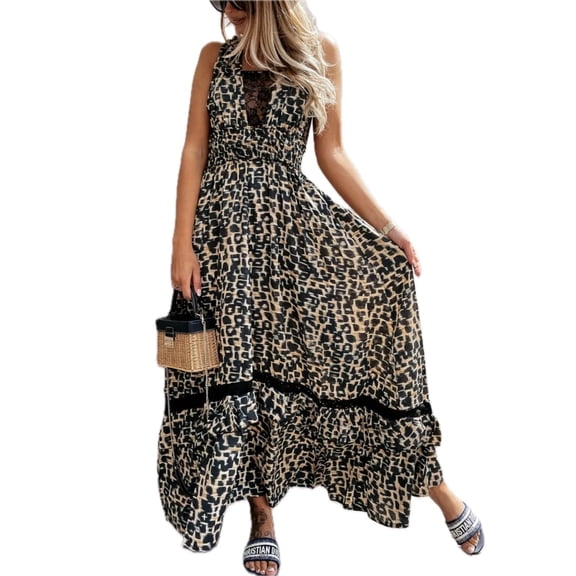 Women's Leopard Print Sleeveless Maxi Dress with Lace Trim Smocked Bodice Fully Elegant Everyday Style 100% polyester