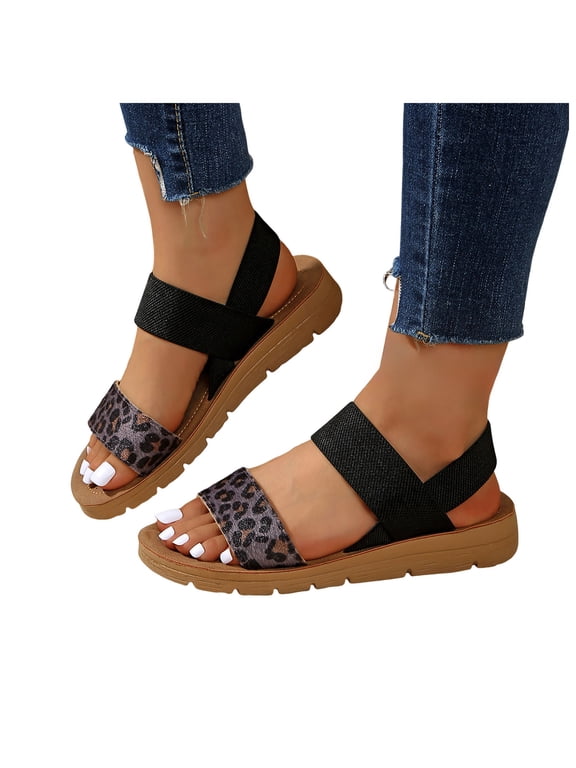 Women's Leopard Print Slingback Platform Sandals Lightweight Non Slip Open Toe Comfortable Walking Shoes Black Size 6.5