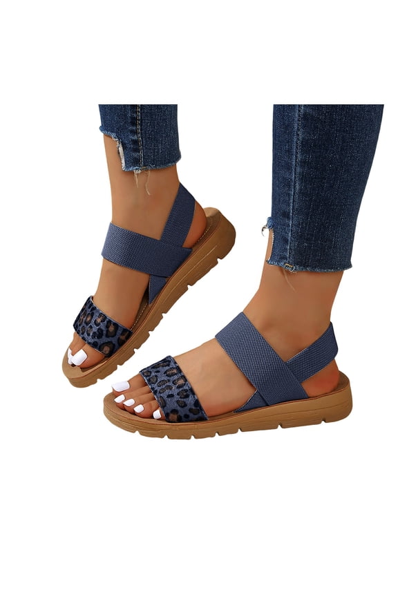 Women's Leopard Print Slingback Platform Sandals Lightweight Non Slip Open Toe Comfortable Walking Shoes Blue Size 8