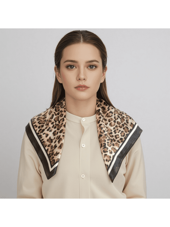 Women's Leopard Print Square Scarf with Contrast Border Satin Feel Lightweight Neck Accessory - Black