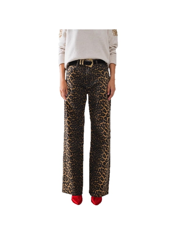 Women's Leopard Print Straight Leg Jeans, Casual Denim Pants