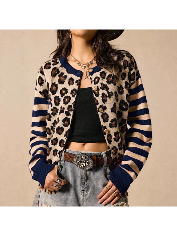 Women's Leopard Print Stripe Sleeve Cardigan, Button-Front Long Sleeve Knit Sweater for Casual Streetwear
