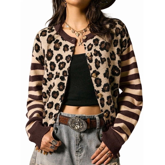 Women's Leopard Print Striped Patchwork Button Front Cropped Knit Cardigan Dark Brown M
