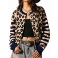 thumbnail image 1 of Women's Leopard Print Striped Patchwork Button Front Cropped Knit Cardigan Navy Blue XL, 1 of 10