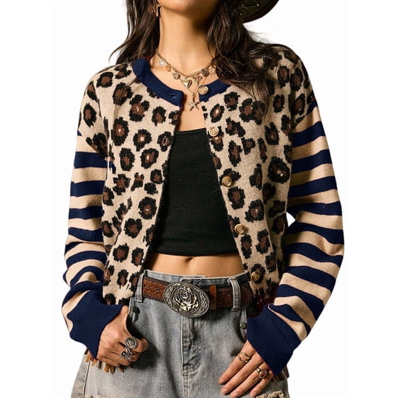 Women's Leopard Print Striped Patchwork Button Front Cropped Knit Cardigan Navy Blue XL