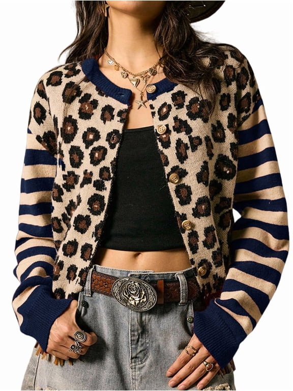 Women's Leopard Print Striped Patchwork Button Front Cropped Knit Cardigan Navy Blue XL