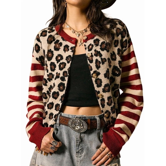 Women's Leopard Print Striped Patchwork Button Front Cropped Knit Cardigan Red S