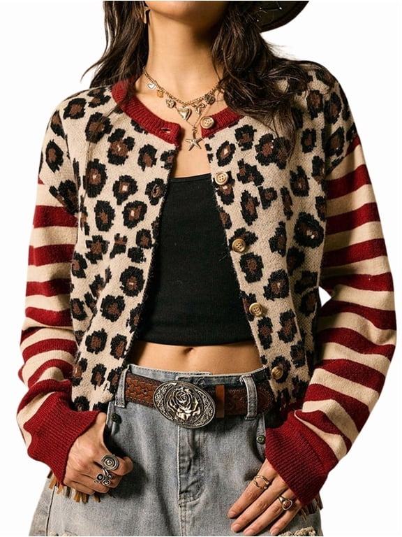 Women's Leopard Print Striped Patchwork Button Front Cropped Knit Cardigan Red XL