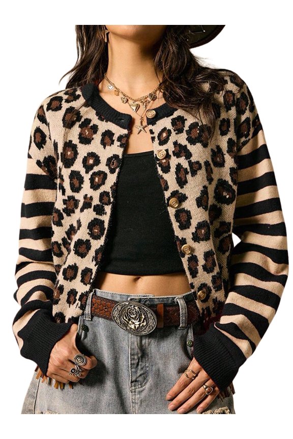 Women's Leopard Print Striped Patchwork Button Front Cropped Knit Cardigan