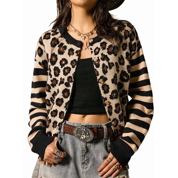 Women's Leopard Print Striped Patchwork Button Front Cropped Knit Cardigan