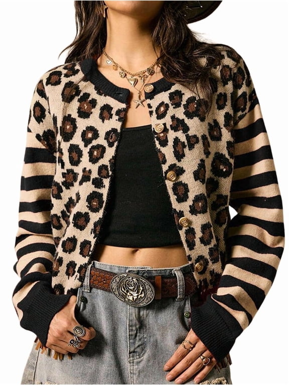 Women's Leopard Print Striped Patchwork Button Front Cropped Knit Cardigan