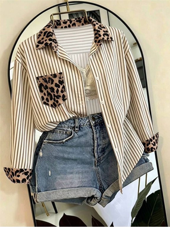 Women's Leopard Print Striped Top, Oversized Long Sleeve Button Down Shirt for Casual