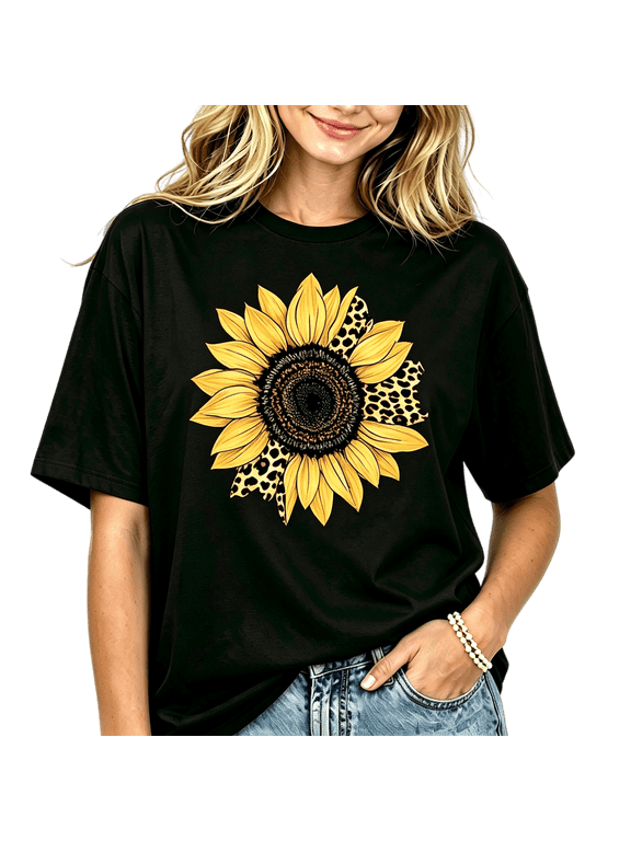 Women's Leopard Print Sunflower Graphic Short Sleeve Crew Neck Casual T-Shirt