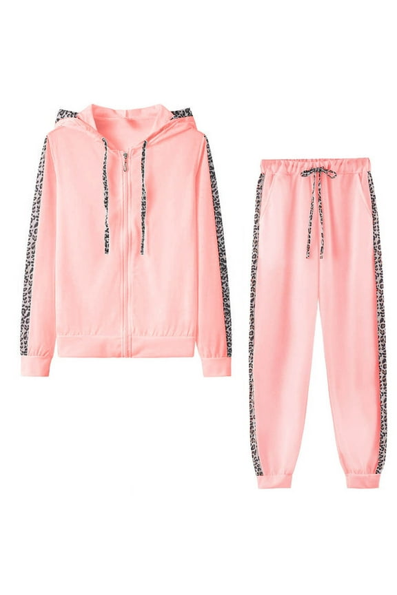 Women's Leopard Print Sweat Suit Set V-Neck Zippered Hoodie Athletic Wear