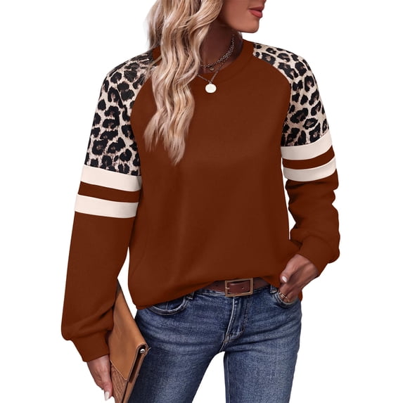 Women's Leopard Print Sweatshirt, Casual Crew Neck Long Sleeve Raglan Pullover with Striped Detail