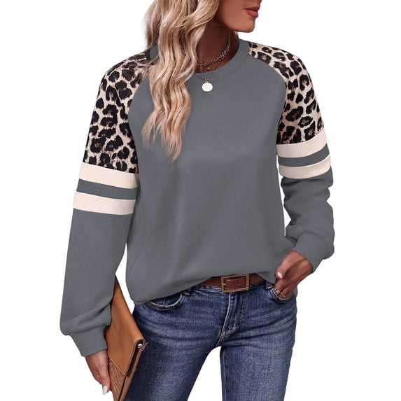 Women's Leopard Print Sweatshirt, Casual Crew Neck Long Sleeve Raglan Pullover with Striped Detail