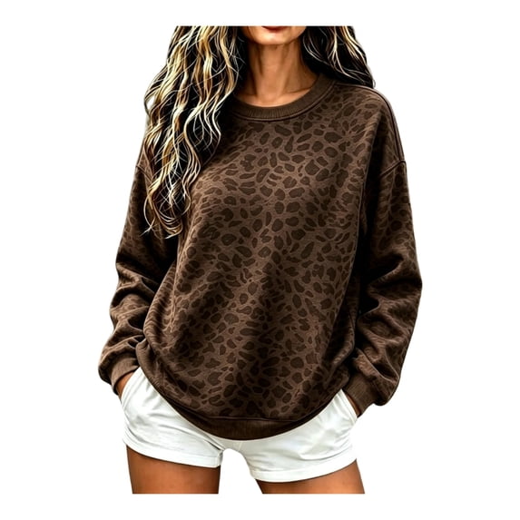Women's Leopard Print Sweatshirt, Crewneck Long Sleeve Pullover Pullover for Casual Daily Wear & Outing, Coffee, M