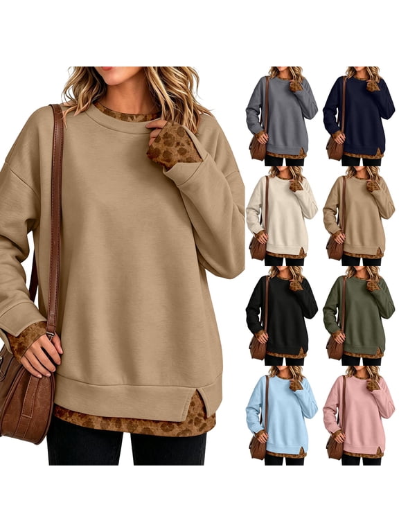 Women's Leopard Print Sweatshirt Faux Two Piece Crew Neck Pullover Tops Long Sleeve Casual Fall Winter Fashion Loose Fit Tunic Shirt Blue L