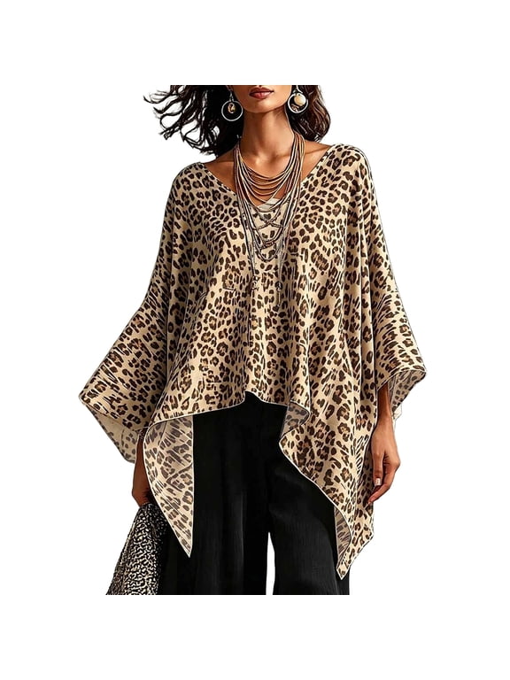 Women's Leopard Print T-Shirts Relaxed Body Coverage Top Asymmetrical Cape Blouse Loose Irregular Hem T-Shirt