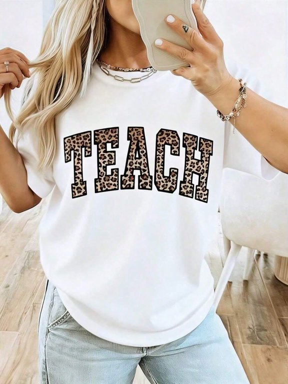 Women's Leopard Print Teacher T-Shirt - Comfortable Round Neck Short Sleeve With LEOPARD SPOT TEACH Design And School Team Letters