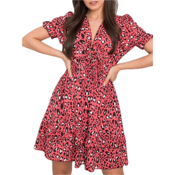 Women's Leopard Print Tie Front Short Sleeve Mini Dress 100% Polyester Lightweight Fabric for Everyday Wear Comfort