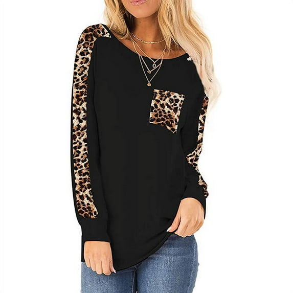 Women's Leopard Print Tops Long Sleeve T Shirt Cute Tunic With Pocket